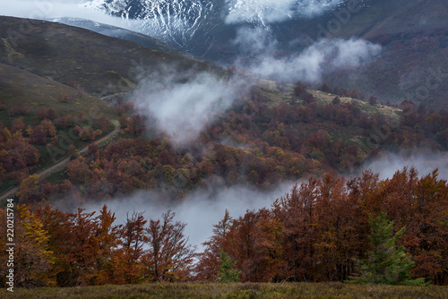 Autumn in the mountains. The mountains are covered with first snow and bright yellow and red trees. 