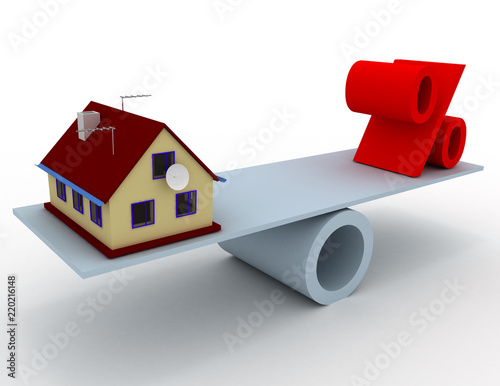 House and percent sign in the balance . 3d rendered illustration
