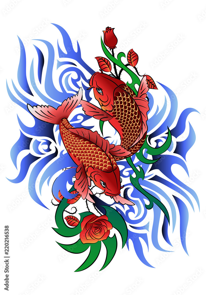 Fototapeta premium two koi fish on wave tattoo