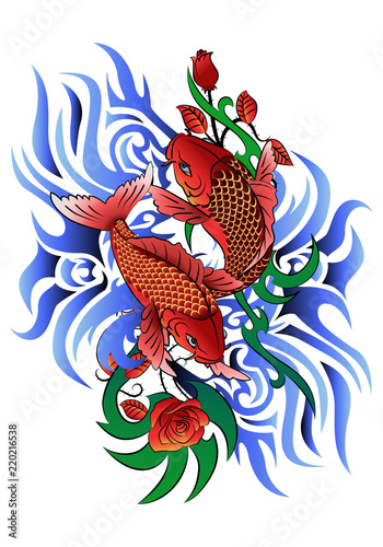 two koi fish on wave tattoo
