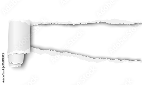 Vector ripped white sheet of paper with soft shadow and paper curl