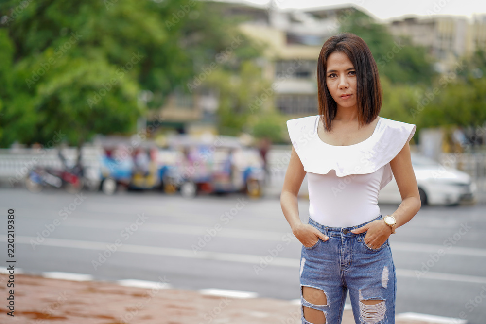 Young asian woman traveling to landmark in Bangkok Thailand.