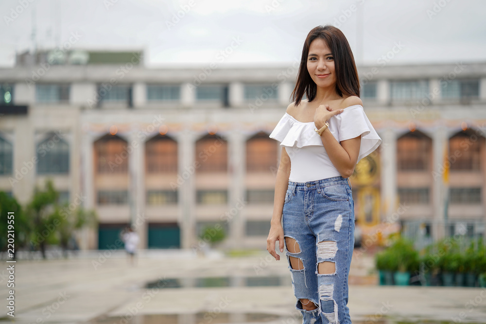 Young asian woman traveling to landmark in Bangkok Thailand.