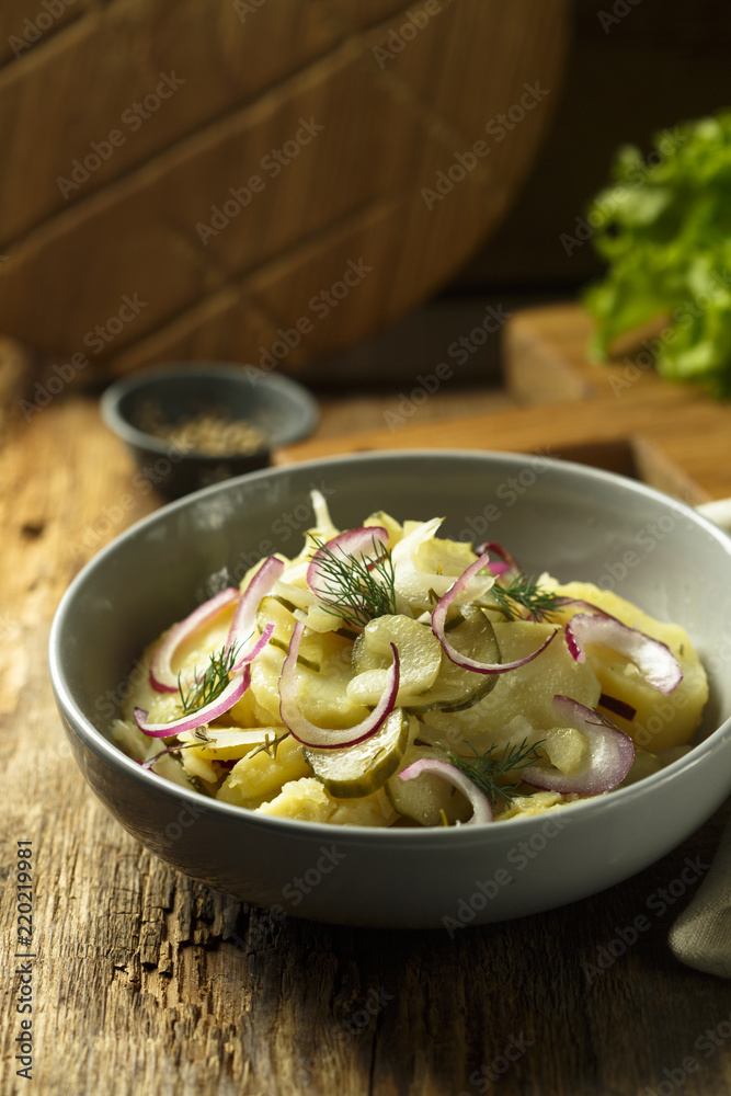 Potato salad with red onion and pickled cucumber