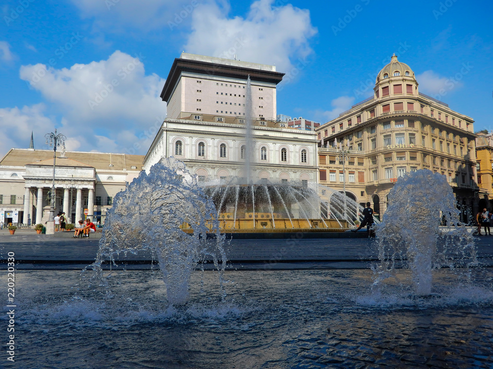 GENOA, ITALY, AUGUST 24, 2018 - View of De Ferrari square with the fountain, in the heart of Genoa, Italy