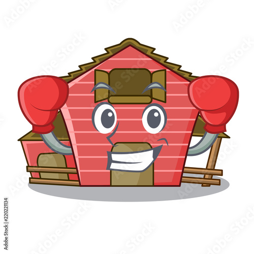 Boxing character red barn building with haystack