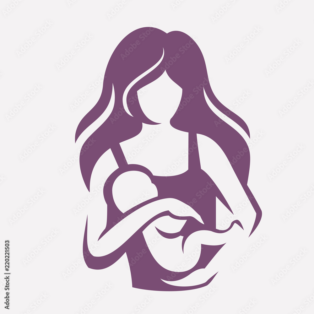 mother and baby stylized vector symbol, mom hug her child logo template