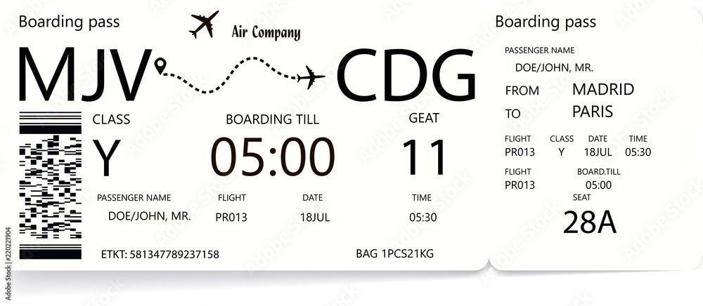 Naklejka Airline boarding pass tickets with shadow. Isolated on white background. Vector illustration