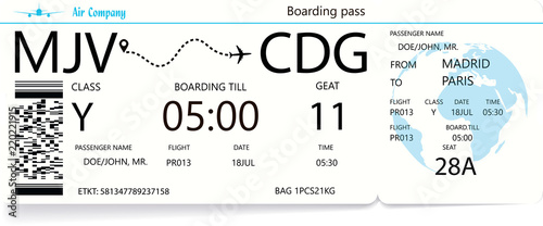Vector illustration of an airlane boarding pass ticket for traveling by plane. Journey or travel concept. Blue colors