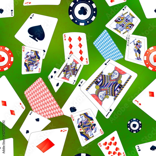 Poker cards and casino chips on green background, seamless pattern