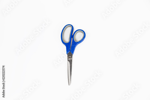 Top View Blue Scissors on a White Background
