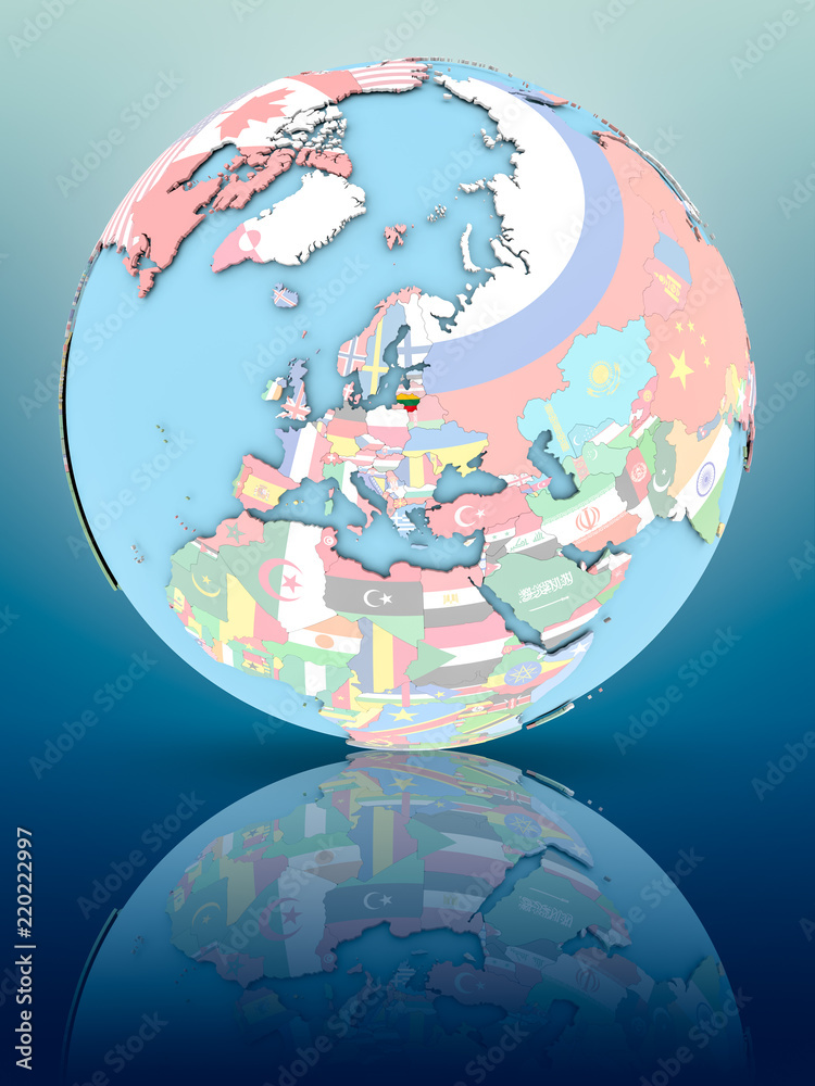 Obraz premium Lithuania on political globe with flags
