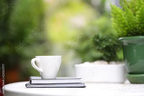 White coffee cup and notebooks with green plants
