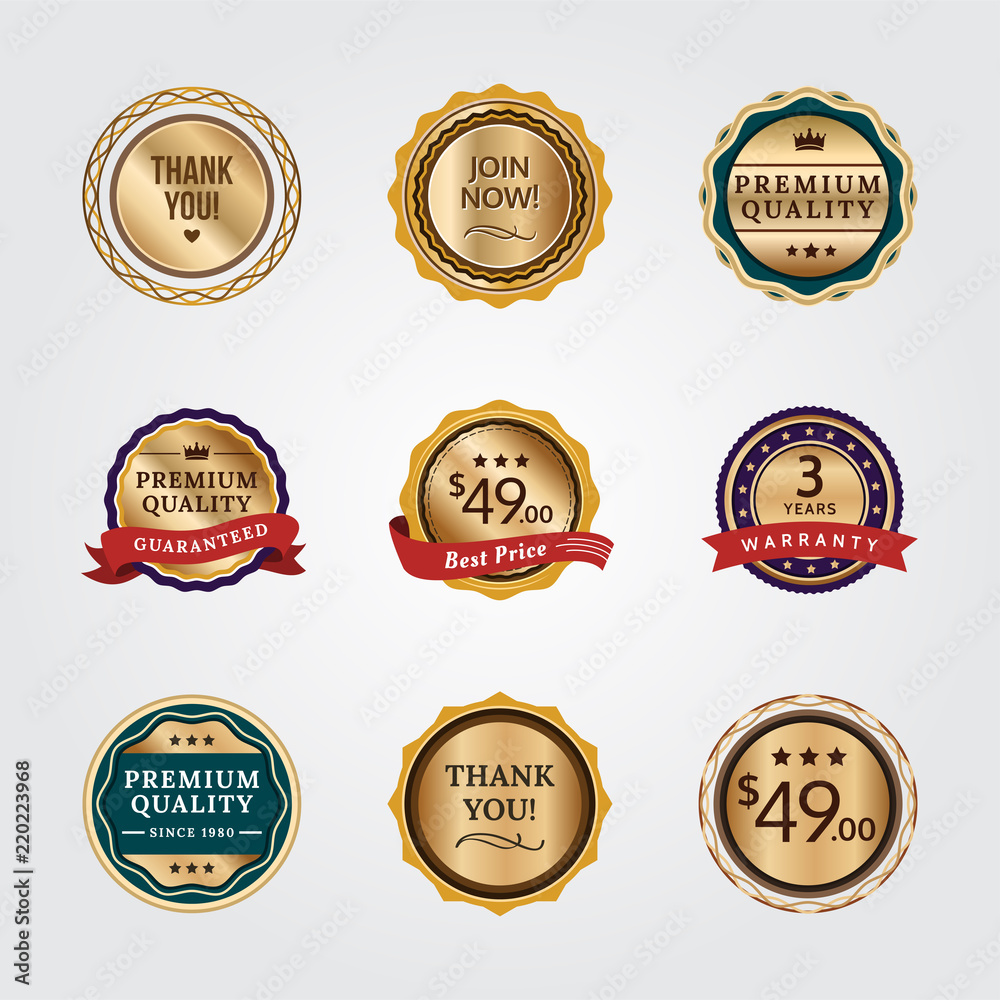 General Badges in Gold Version. General badges set for your designs, such us for your product, online shop, email newsletter or email marketing, web banner, print ad, etc.