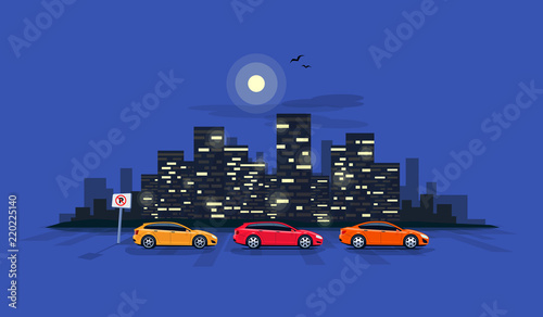 Urban vector illustration of night city skyscrapes skyline office building with modern cars parking along the town street in cartoon style. Vehicles parked wrong road with no parking sign. 