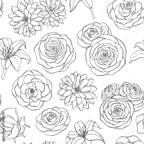 Vector seamless pattern with lily, chrysanthemum, camellia, peony and rose flowers line art on the white background. Hand drawn floral ornament of blossoms in sketch style. Usable for coloring books.