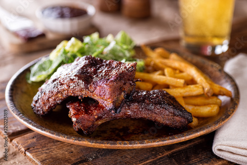Barbecue Ribs with Fries and Salad