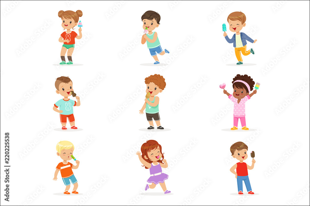Cute little children eating ice cream. Happy children enjoying eating with their ice cream. Cartoon detailed colorful Illustrations Cute little children eating ice cream. Happy children enjoying eating with their ice cream. Cartoon detailed colorful Illustrations