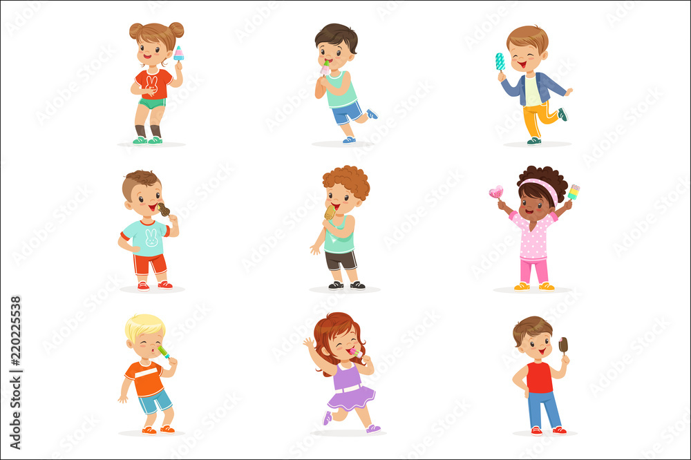 Cute little children eating ice cream. Happy children enjoying eating with their ice cream. Cartoon detailed colorful Illustrations