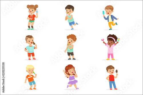 Cute little children eating ice cream. Happy children enjoying eating with their ice cream. Cartoon detailed colorful Illustrations