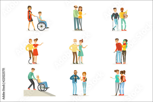 Help and care for disabled people set for label design. Cartoon detailed colorful Illustrations