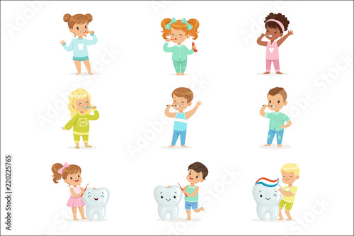 Cute little boys and girls brushing teeth. Colorful cartoon characters