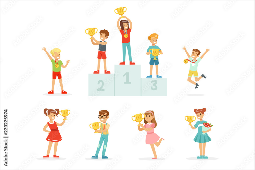 Smiling young boys and girls celebrating their medals and winner cups, set for label design. Cartoon detailed colorful Illustrations