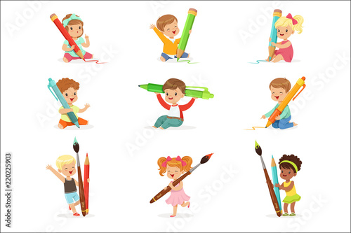 Cute young children holding big pencils, pens and paintbrushes, set for label design. Education and child development. Cartoon detailed colorful Illustrations