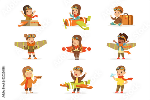 Small Children In Pilot Costumes Dreaming Of Piloting The Plane, Playing With Toys Adorable Cartoon Characters