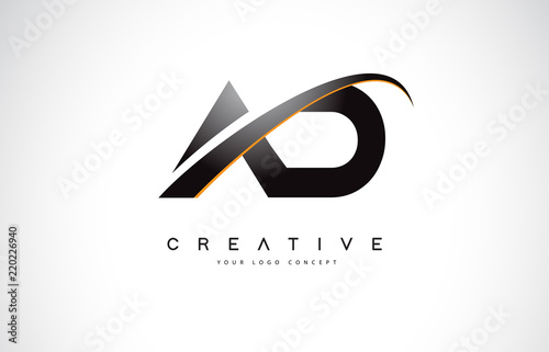 AD A D Swoosh Letter Logo Design with Modern Yellow Swoosh Curved Lines.