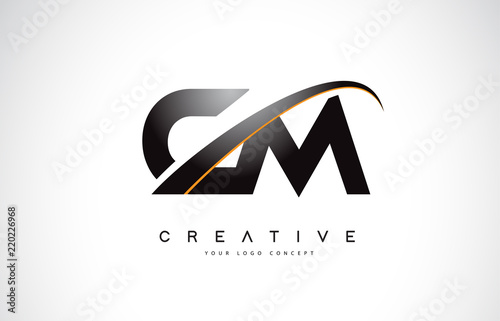 CM C M Swoosh Letter Logo Design with Modern Yellow Swoosh Curved Lines.