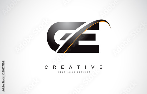 GE G E Swoosh Letter Logo Design with Modern Yellow Swoosh Curved Lines.
