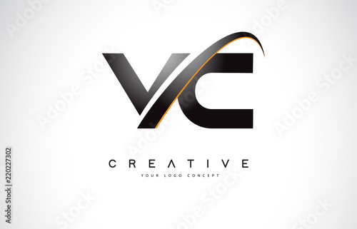 VC V C Swoosh Letter Logo Design with Modern Yellow Swoosh Curved Lines.