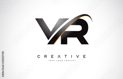 VR V R Swoosh Letter Logo Design with Modern Yellow Swoosh Curved Lines.