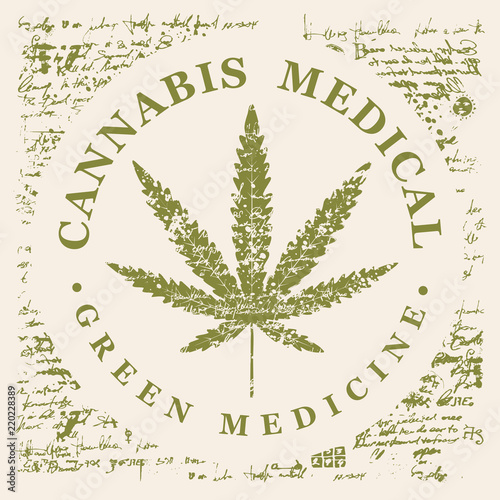 Vector banner for Medical cannabis with hemp leaf pattern on abstract old papyrus background or grunge style manuscript. Natural product of green medicine made from organic hemp