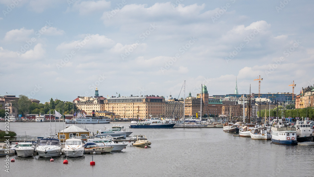 Boats on the river in old part of Stockholm, 2 august 2018 Sweden