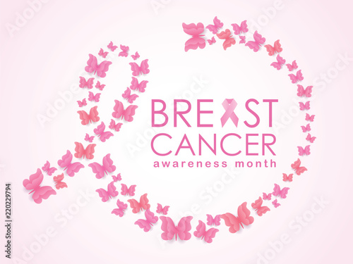 Breast cancer Awareness month banner with butterfly around shape to ribbon sign vector design