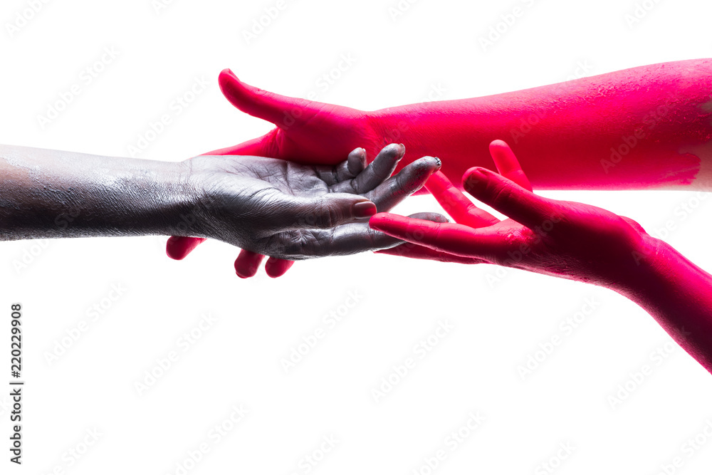 Hands on white background isolated, silver and red human hand. Gentle touch, trust. Art project, creative self expression. Different colors and different races. Paints and color science. Support