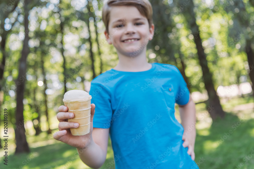 close-up view of happy child holding ice cream and smiling at camera in park