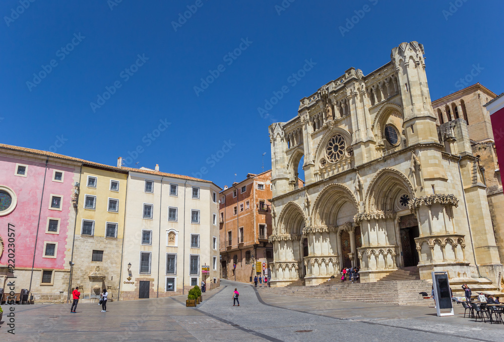 Colorful main square with cathedral in Cuenca, Spain