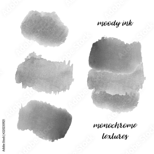 Hand painted gray monochrome watercolor stains isolated on white. Vector textures