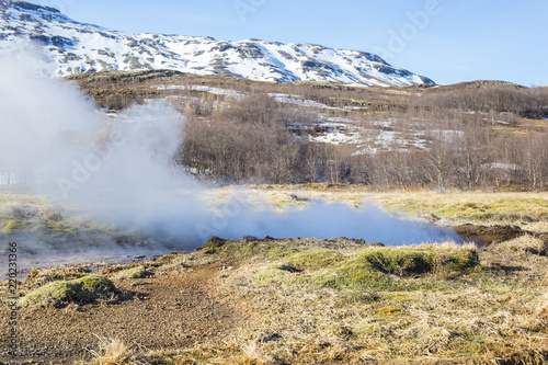 Eruption of Strokkur Geyser at the Geysir geothermal Park on the Golden circle in Iceland.