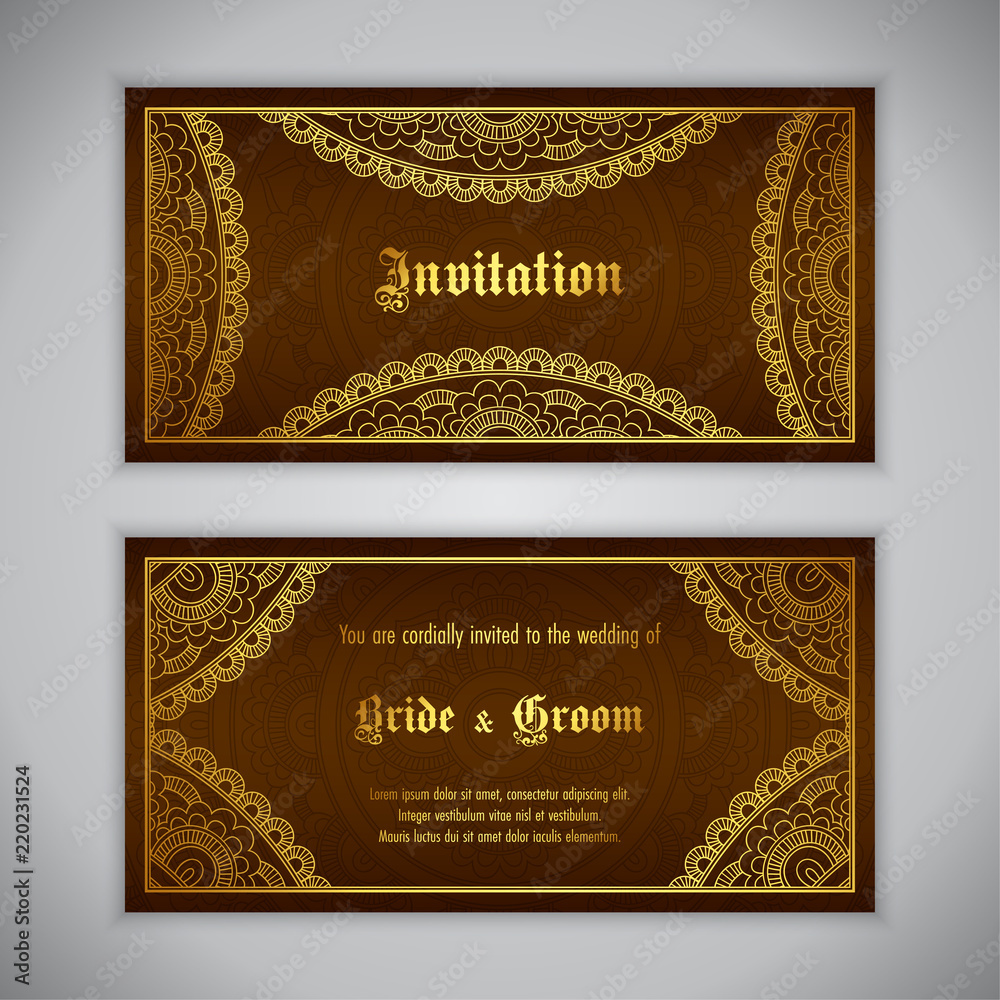 Fototapeta premium Luxury wedding invitation with golden ornament. Vector illustration