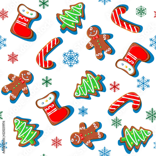 Gingerbread cookies with snowflakes. Christmas print. Seamless pattern. White. Vector