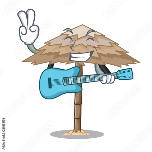 With guitar beach shelter under the umbrella cartoon