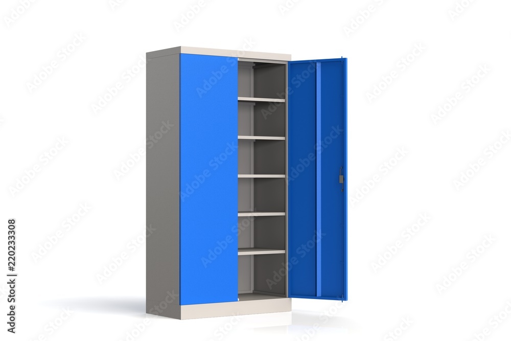 Metal cabinet with shelves for tools. Fireproof shelving for documents. 3D model rendering. Metal cabinet with shelves for tools. Fireproof shelving for documents. 3D model rendering.
