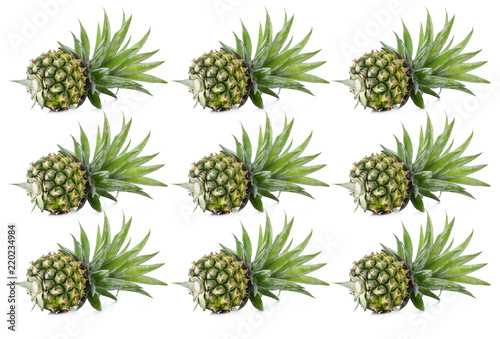 Set Raw fresh pineapples, isolated on white background.