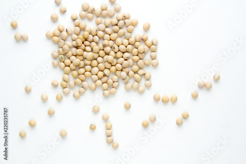 soybean on gray color background. top view.