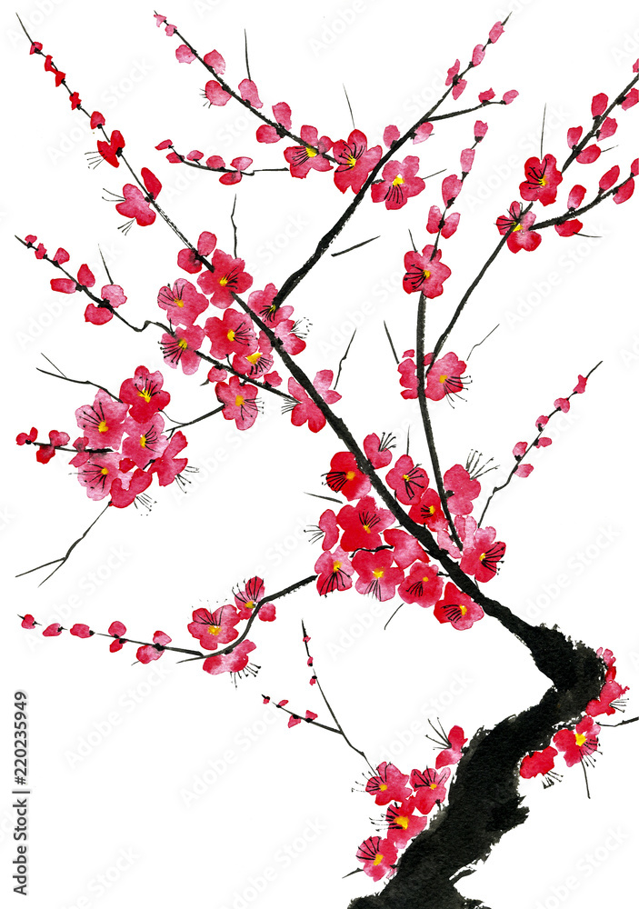 Fototapeta premium A branch of a blossoming tree. Pink and red stylized flowers of plum mei, wild apricots and sakura . Watercolor and ink illustration in style sumi-e, u-sin. Oriental traditional painting.