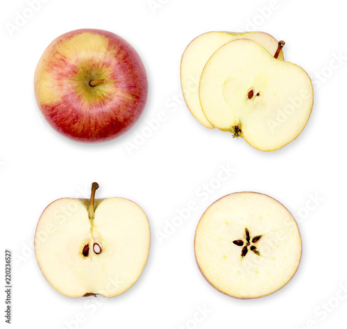 Apple composition or arrangement of whole and cut apples. Top view, cross section of red apples.